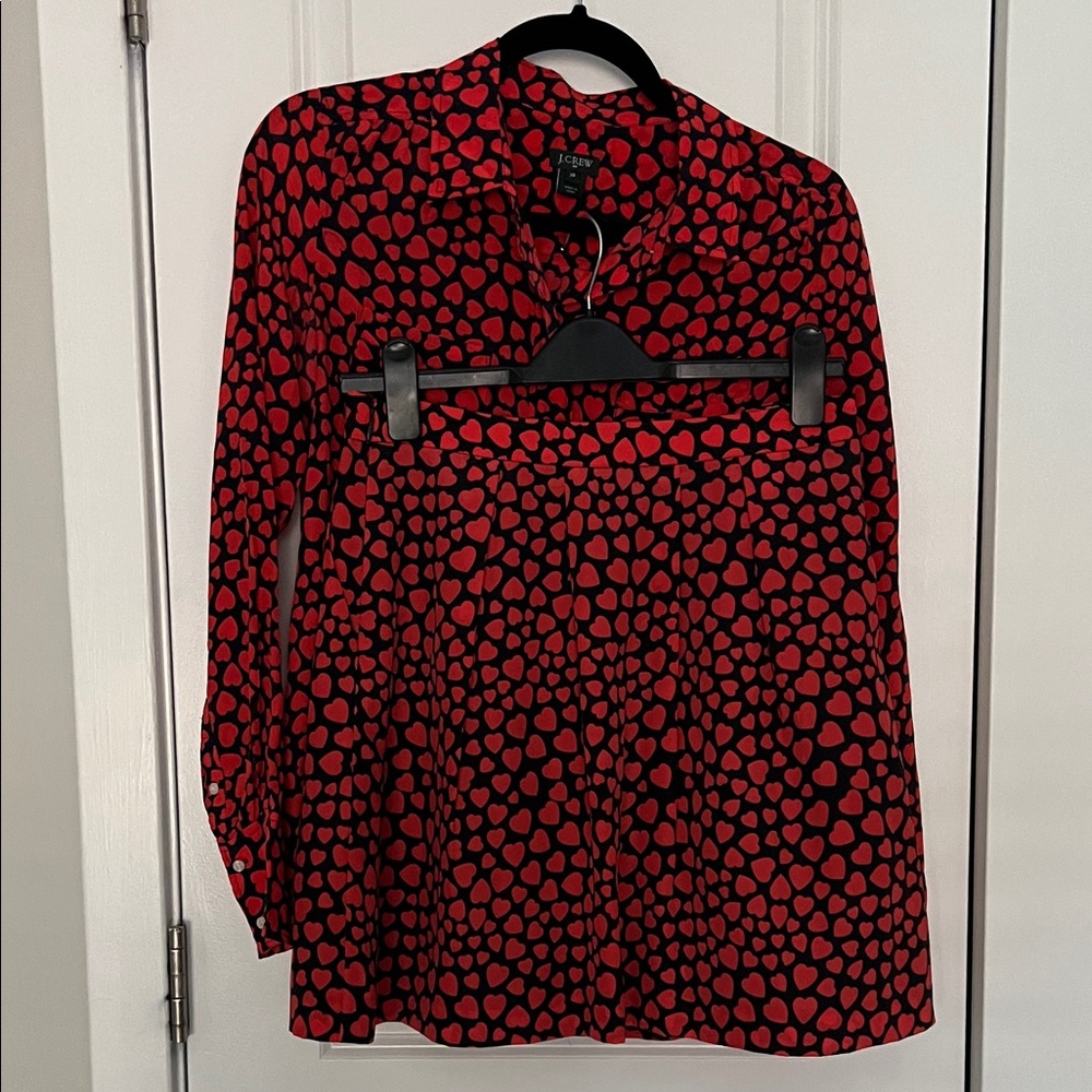 J. Crew Red Heart Print Silk Mini Skirt/Button up (set)